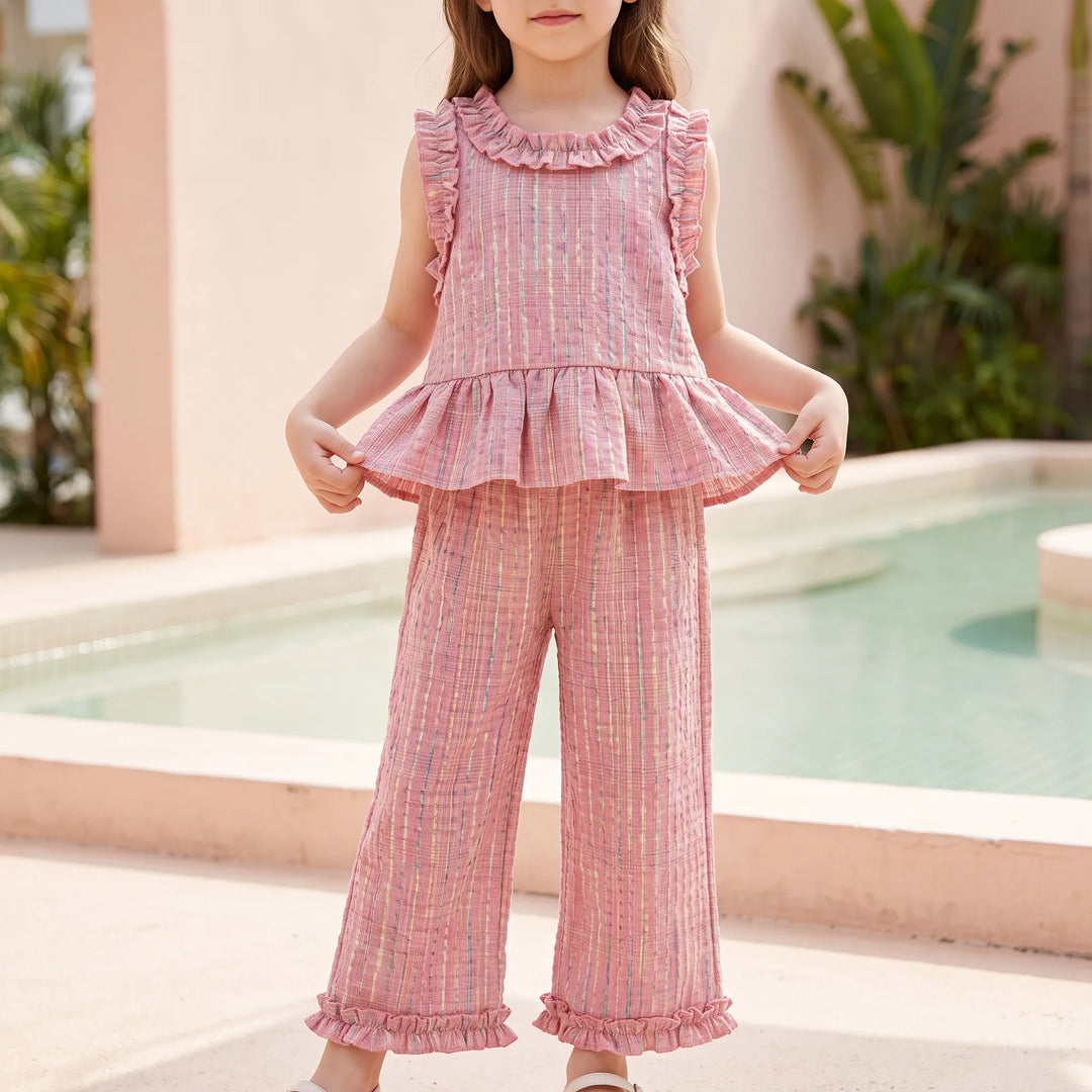 Pastel Plaid Ruffle Trim Top And Trouser Set - Miralis