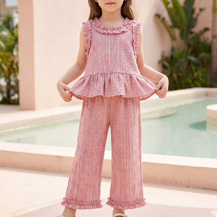 Pastel Plaid Ruffle Trim Top And Trouser Set - Miralis