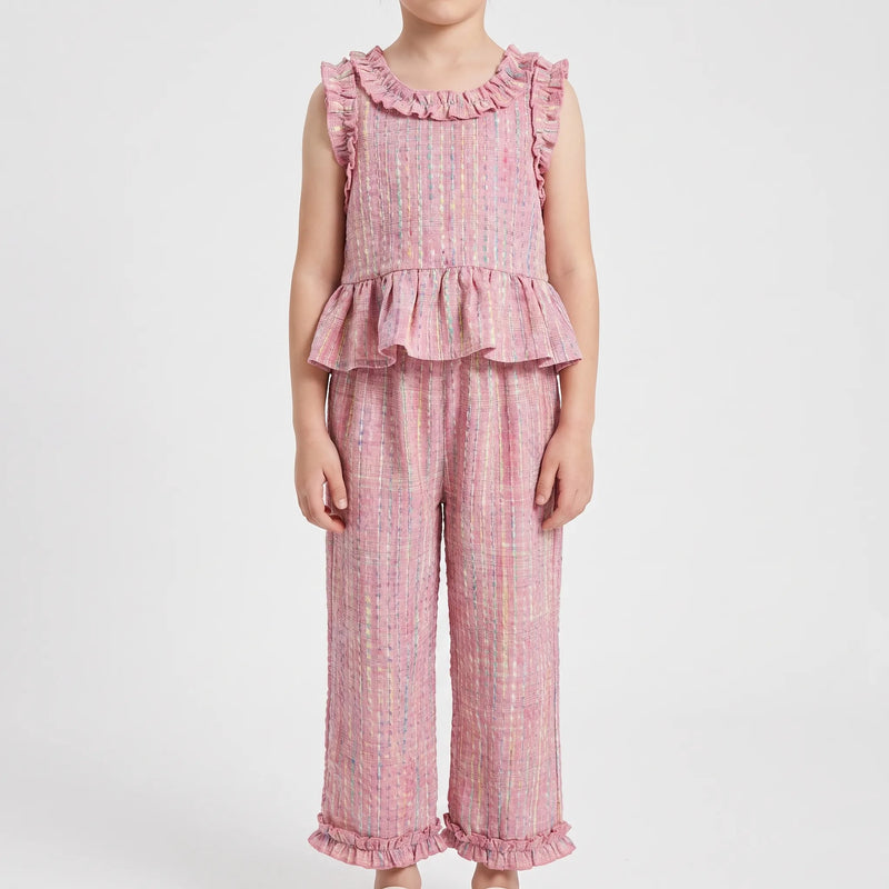 Pastel Plaid Ruffle Trim Top And Trouser Set - Miralis