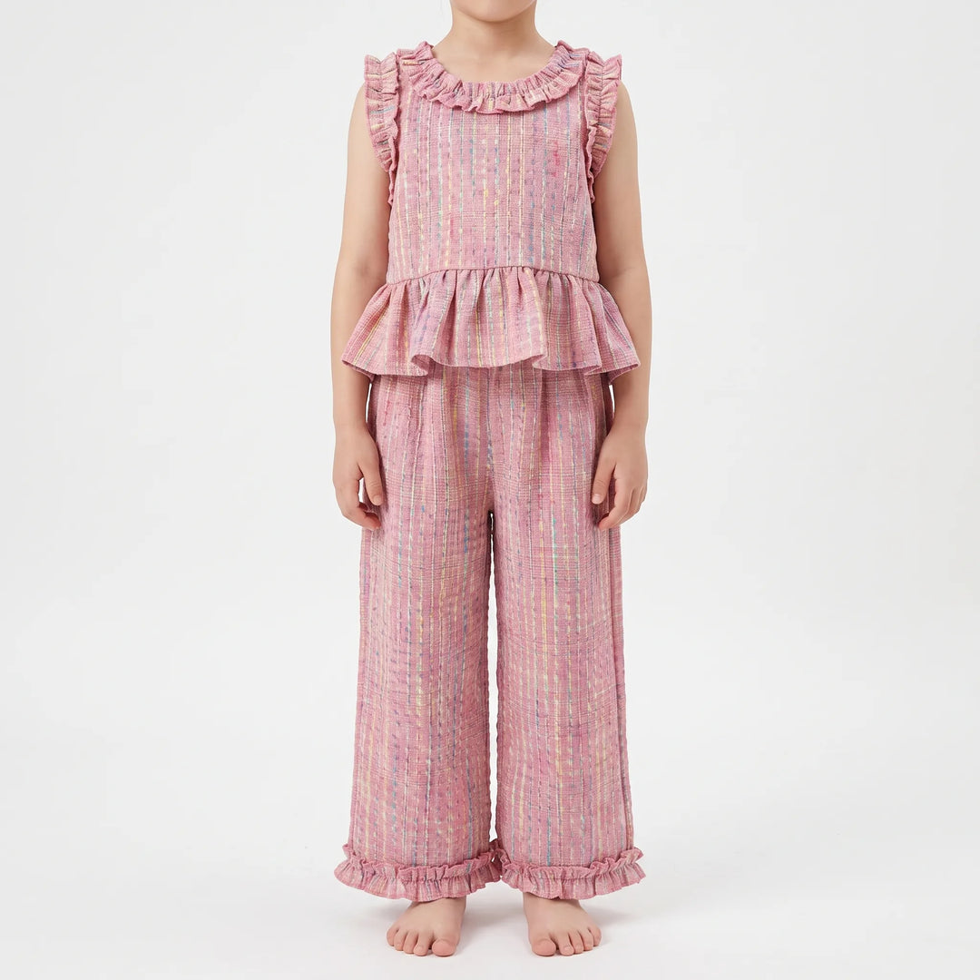 Pastel Plaid Ruffle Trim Top And Trouser Set - Miralis