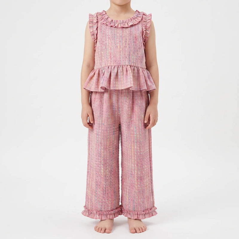 Pastel Plaid Ruffle Trim Top And Trouser Set - Miralis