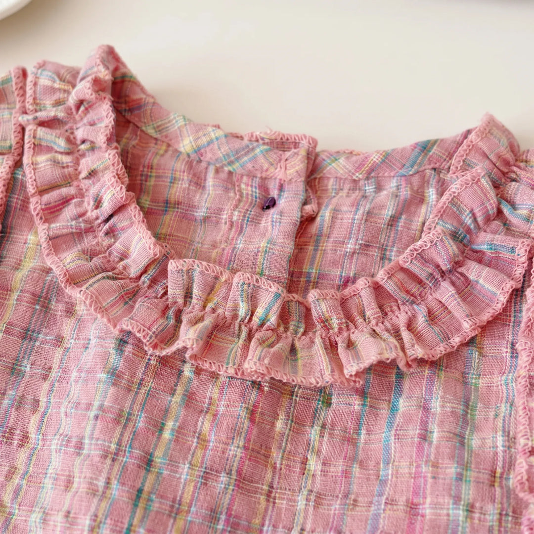 Pastel Plaid Ruffle Trim Top And Trouser Set - Miralis