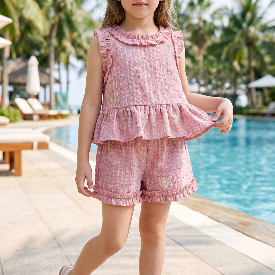 Pastel Plaid Ruffle Trim Top And Trouser Set - Miralis