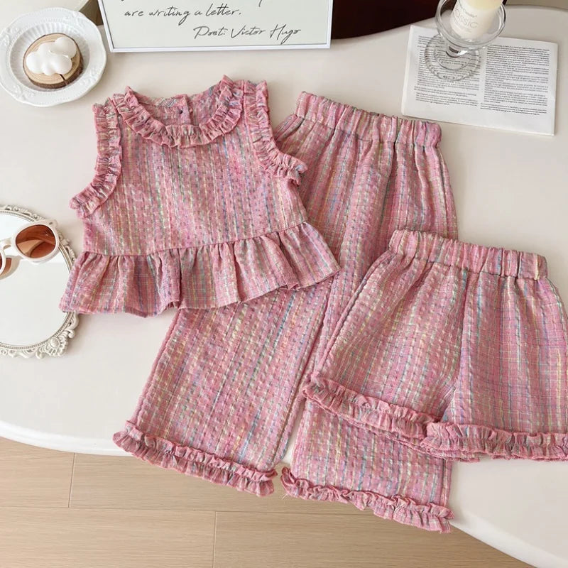 Pastel Plaid Ruffle Trim Top And Trouser Set - Miralis