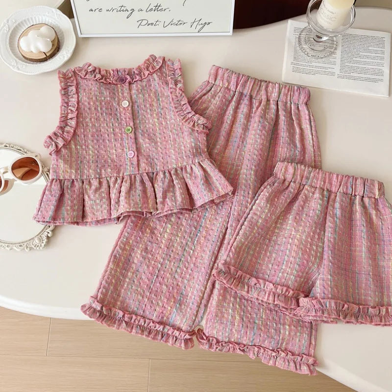 Pastel Plaid Ruffle Trim Top And Trouser Set - Miralis