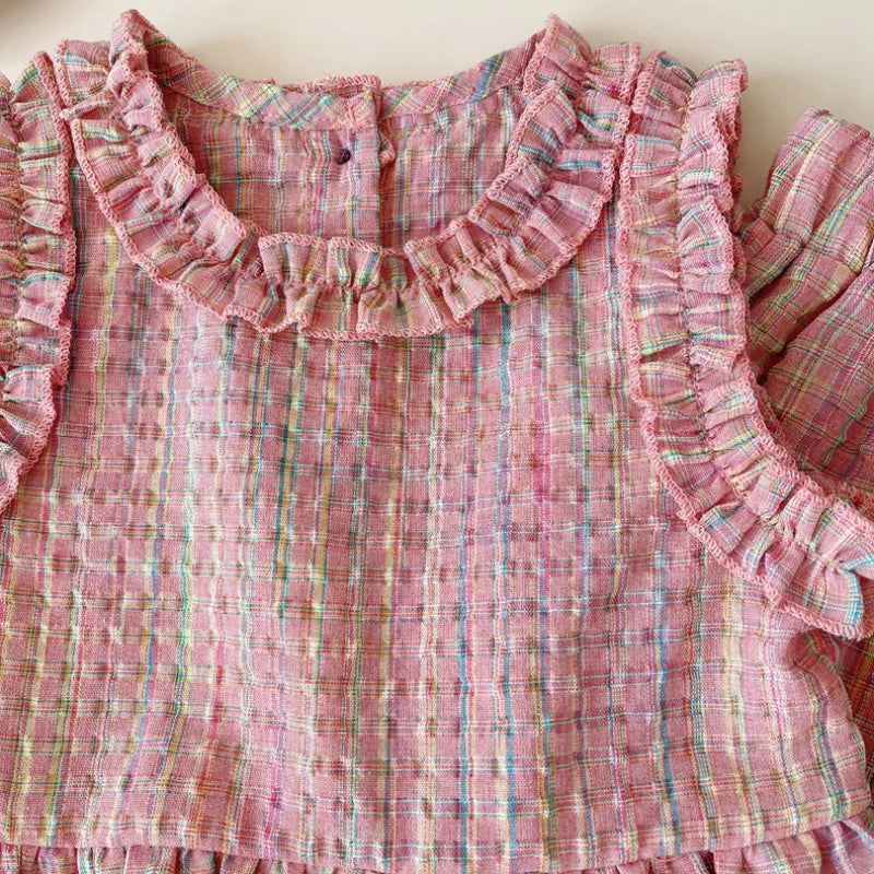 Pastel Plaid Ruffle Trim Top And Trouser Set - Miralis