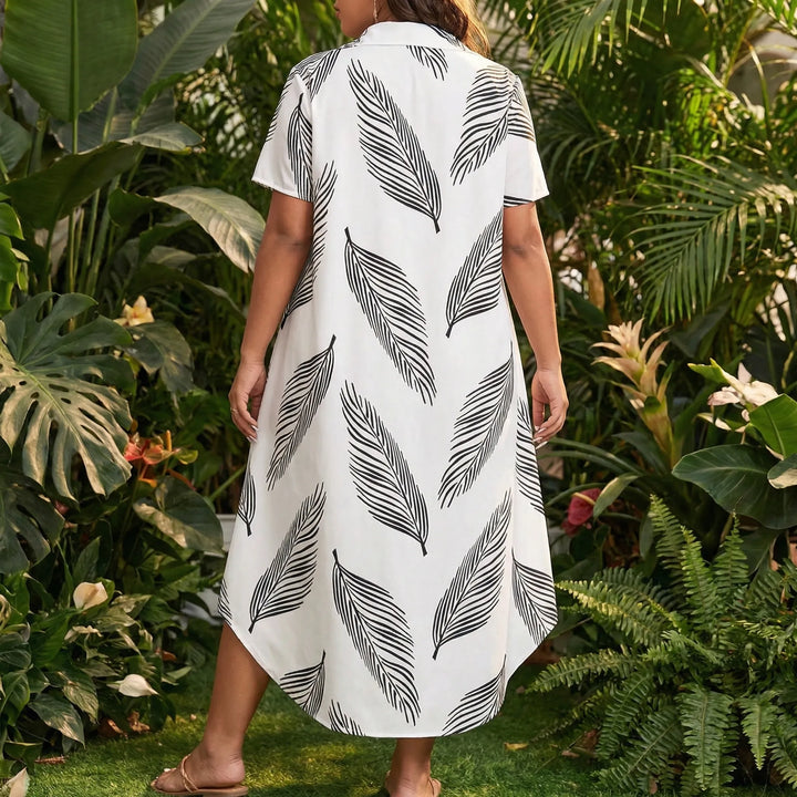 Plus Size Collared Leaf Print Dress - Marion