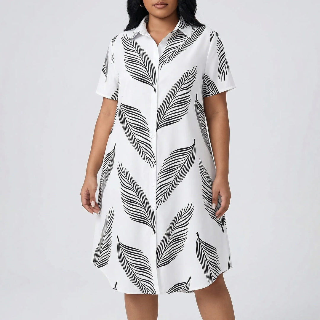 Plus Size Collared Leaf Print Dress - Marion