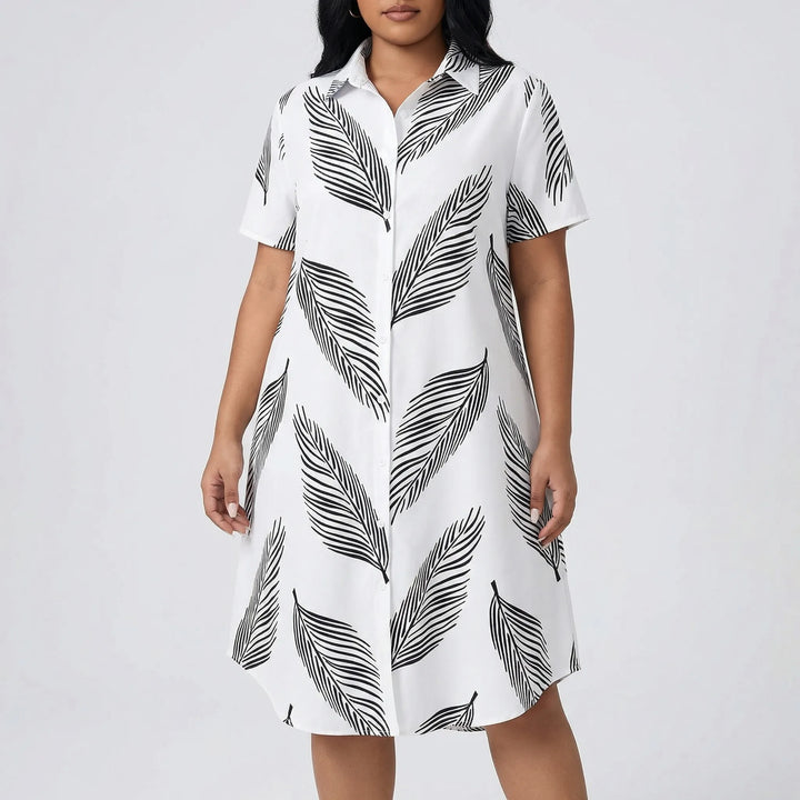 Plus Size Collared Leaf Print Dress - Marion