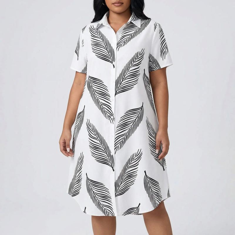 Plus Size Collared Leaf Print Dress - Marion