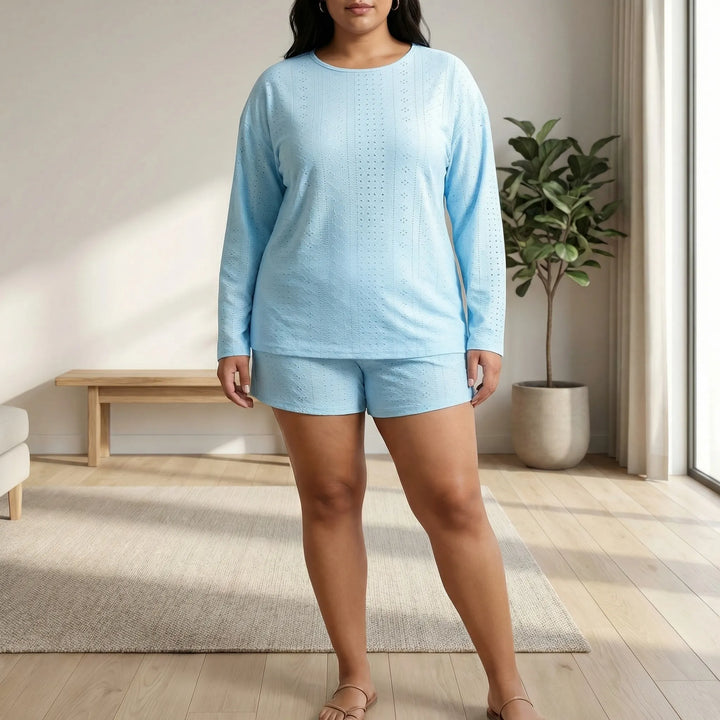 Plus Size Crew Neck Long Sleeve Top And Shorts Set - Charlene
