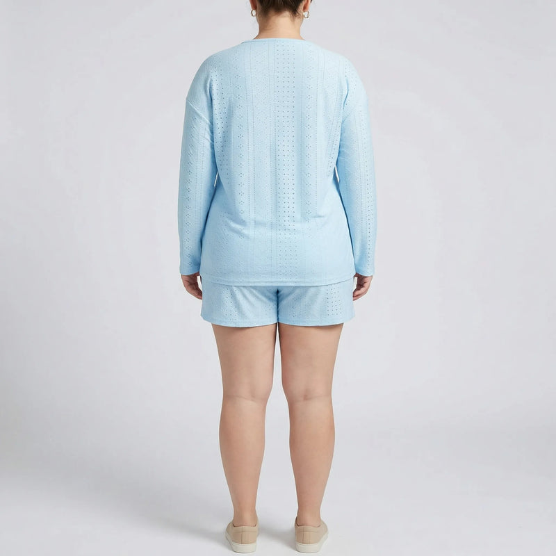 Plus Size Crew Neck Long Sleeve Top And Shorts Set - Charlene