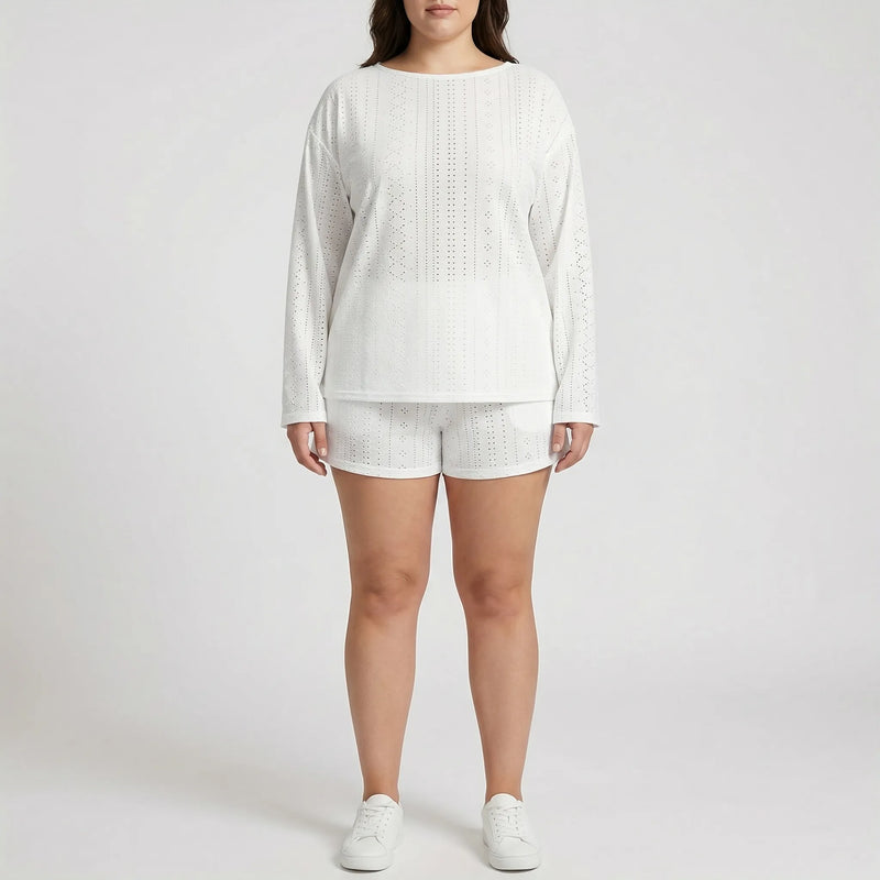 Plus Size Crew Neck Long Sleeve Top And Shorts Set - Charlene