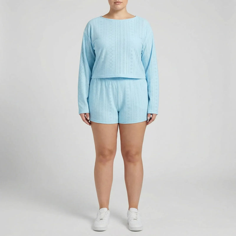 Plus Size Crew Neck Long Sleeve Top And Shorts Set - Charlene