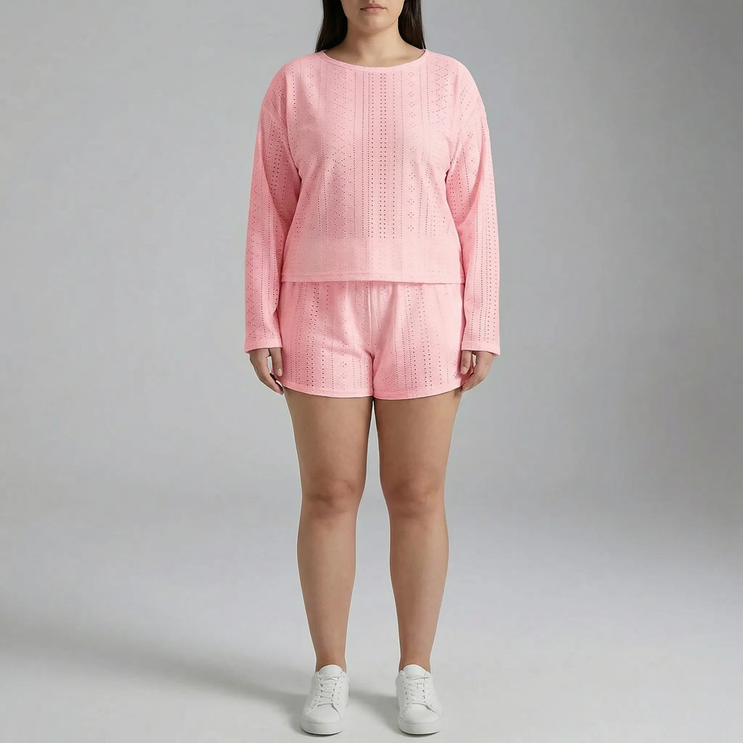 Plus Size Crew Neck Long Sleeve Top And Shorts Set - Charlene