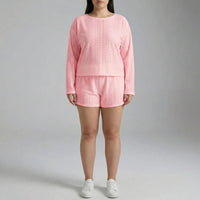 Plus Size Crew Neck Long Sleeve Top And Shorts Set - Charlene