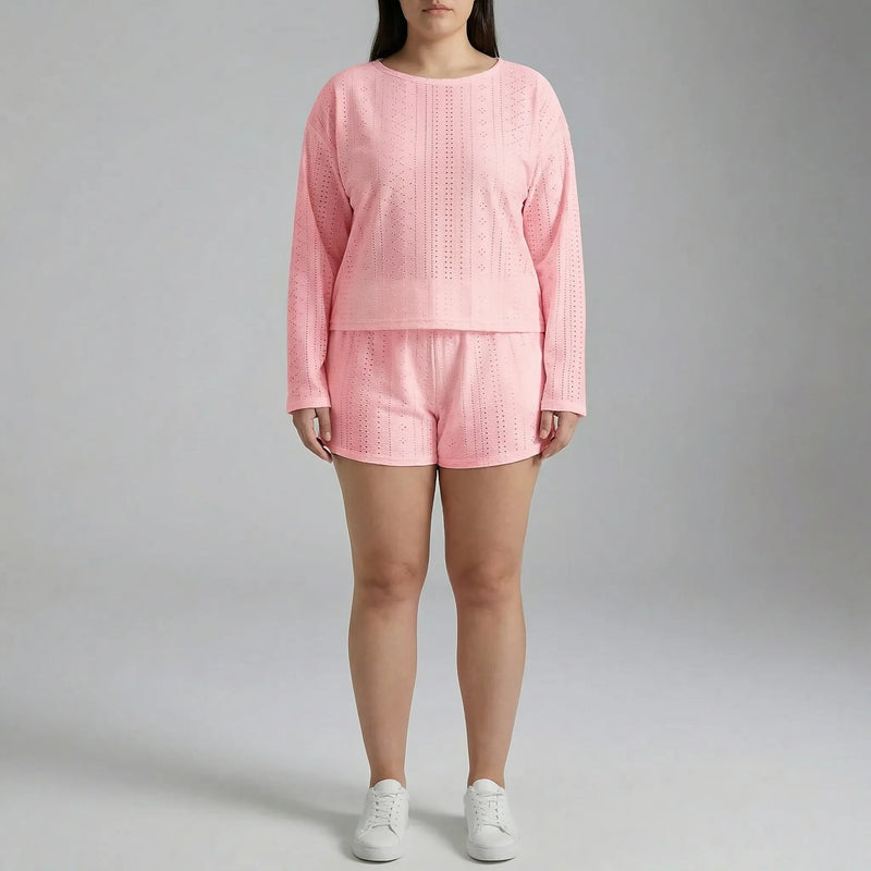 Plus Size Crew Neck Long Sleeve Top And Shorts Set - Charlene