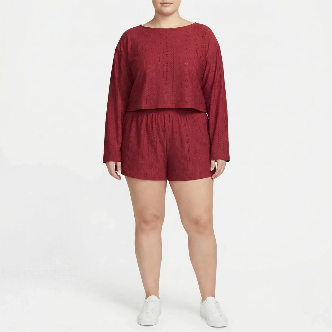 Plus Size Crew Neck Long Sleeve Top And Shorts Set - Charlene