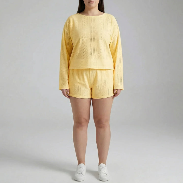 Plus Size Crew Neck Long Sleeve Top And Shorts Set - Charlene