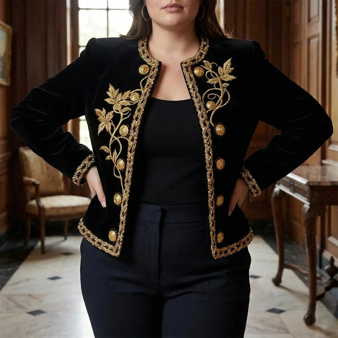 Plus Size Embroidered Velvet Button-Up Coat - Charlotte