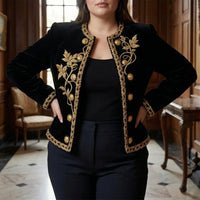 Plus Size Embroidered Velvet Button-Up Coat - Charlotte