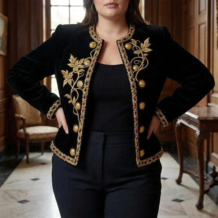 Plus Size Embroidered Velvet Button-Up Coat - Charlotte