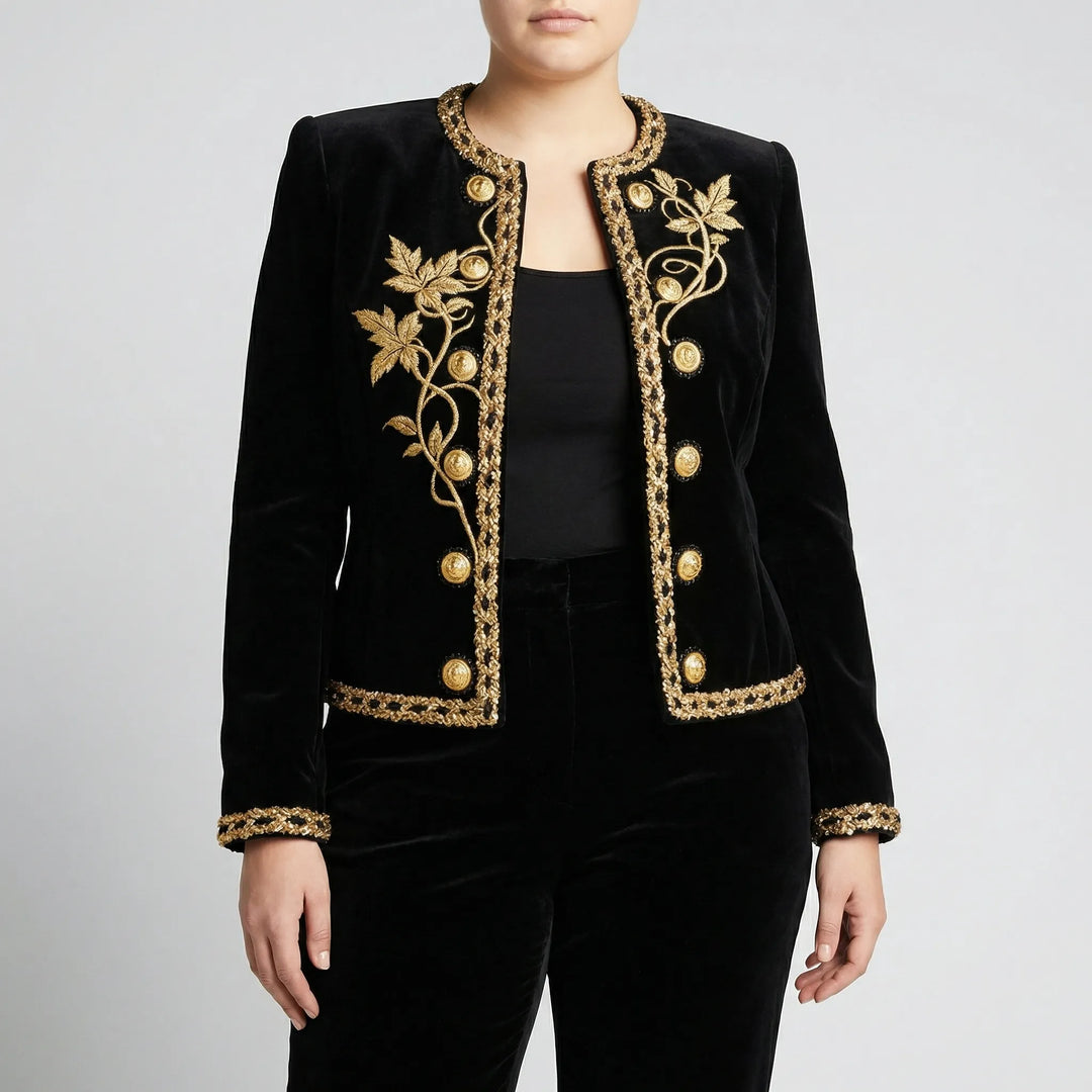 Plus Size Embroidered Velvet Button-Up Coat - Charlotte