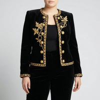 Plus Size Embroidered Velvet Button-Up Coat - Charlotte