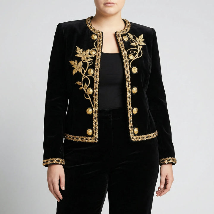 Plus Size Embroidered Velvet Button-Up Coat - Charlotte