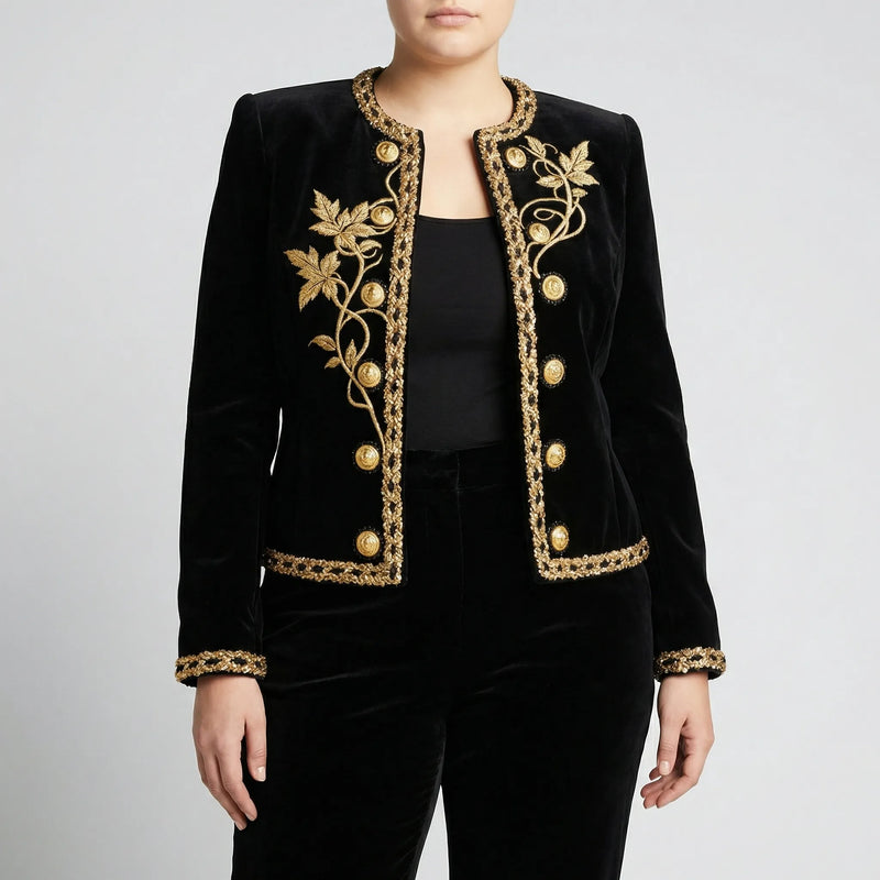 Plus Size Embroidered Velvet Button-Up Coat - Charlotte