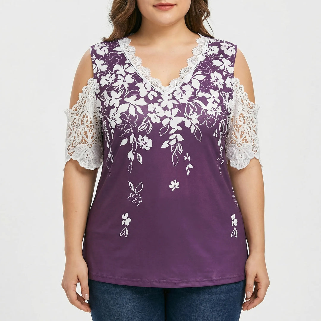 Plus Size Floral Lace Trim Top - Tiffany