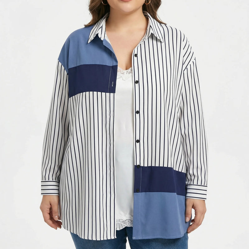 Plus Size Spliced Button-Up Blouse - Wilma