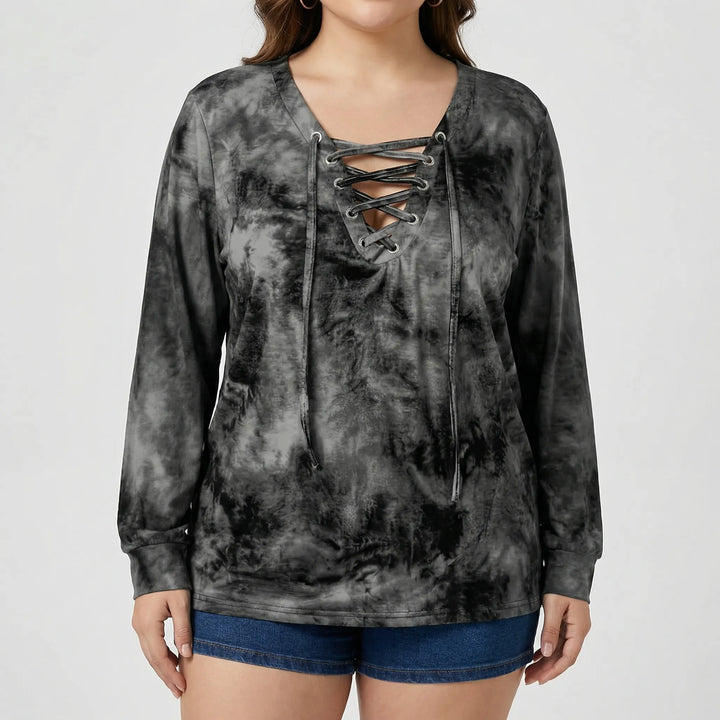 Plus Size Tie-Dye Lace-Up Top - Doreen
