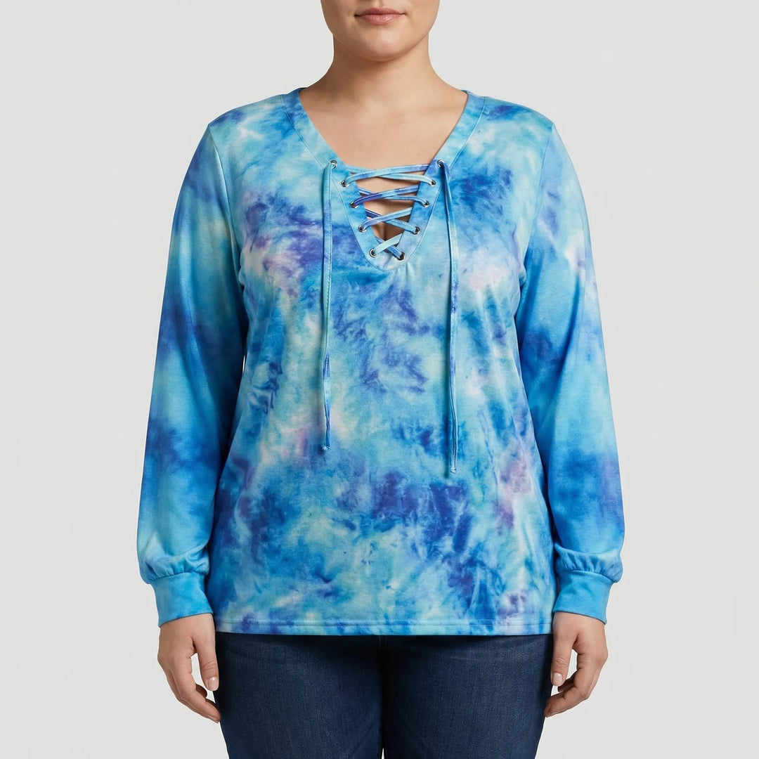 Plus Size Tie-Dye Lace-Up Top - Doreen