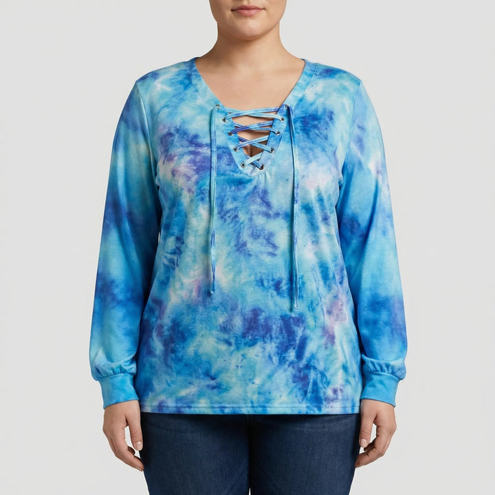 Plus Size Tie-Dye Lace-Up Top - Doreen