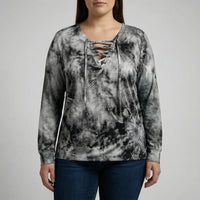 Plus Size Tie-Dye Lace-Up Top - Doreen