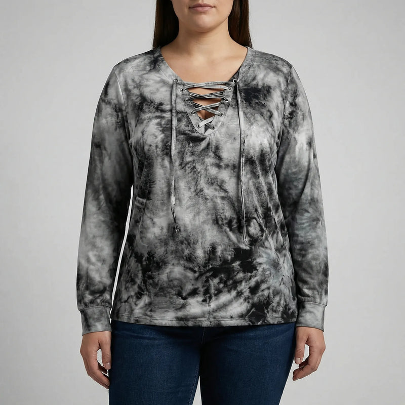 Plus Size Tie-Dye Lace-Up Top - Doreen