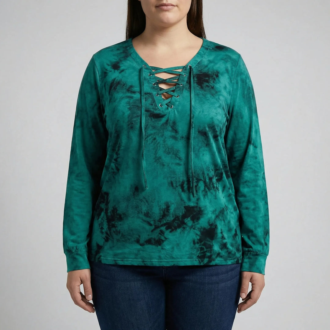Plus Size Tie-Dye Lace-Up Top - Doreen