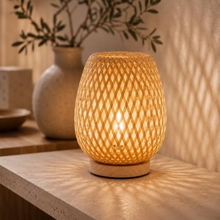 Close-up van de brandende lamp met gevlochten bamboekap op een houten voet, die ruitvormige lichtpatronen op blad en muur werpt. 1