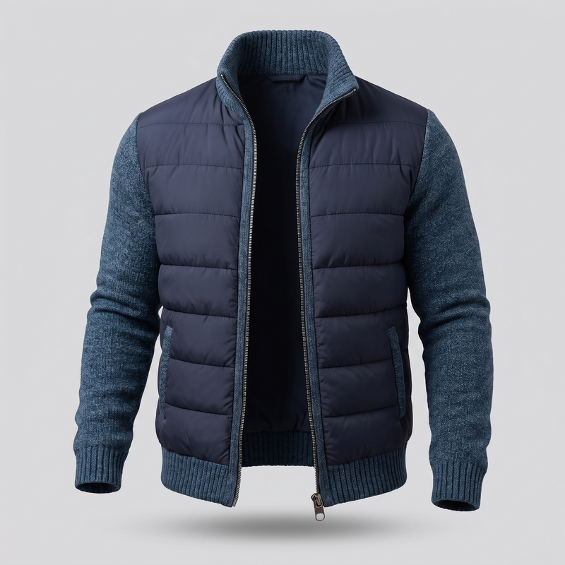 Marineblauwe jas van voren met open rits, gemêleerd blauwe gebreide mouwen en ribboorden 4