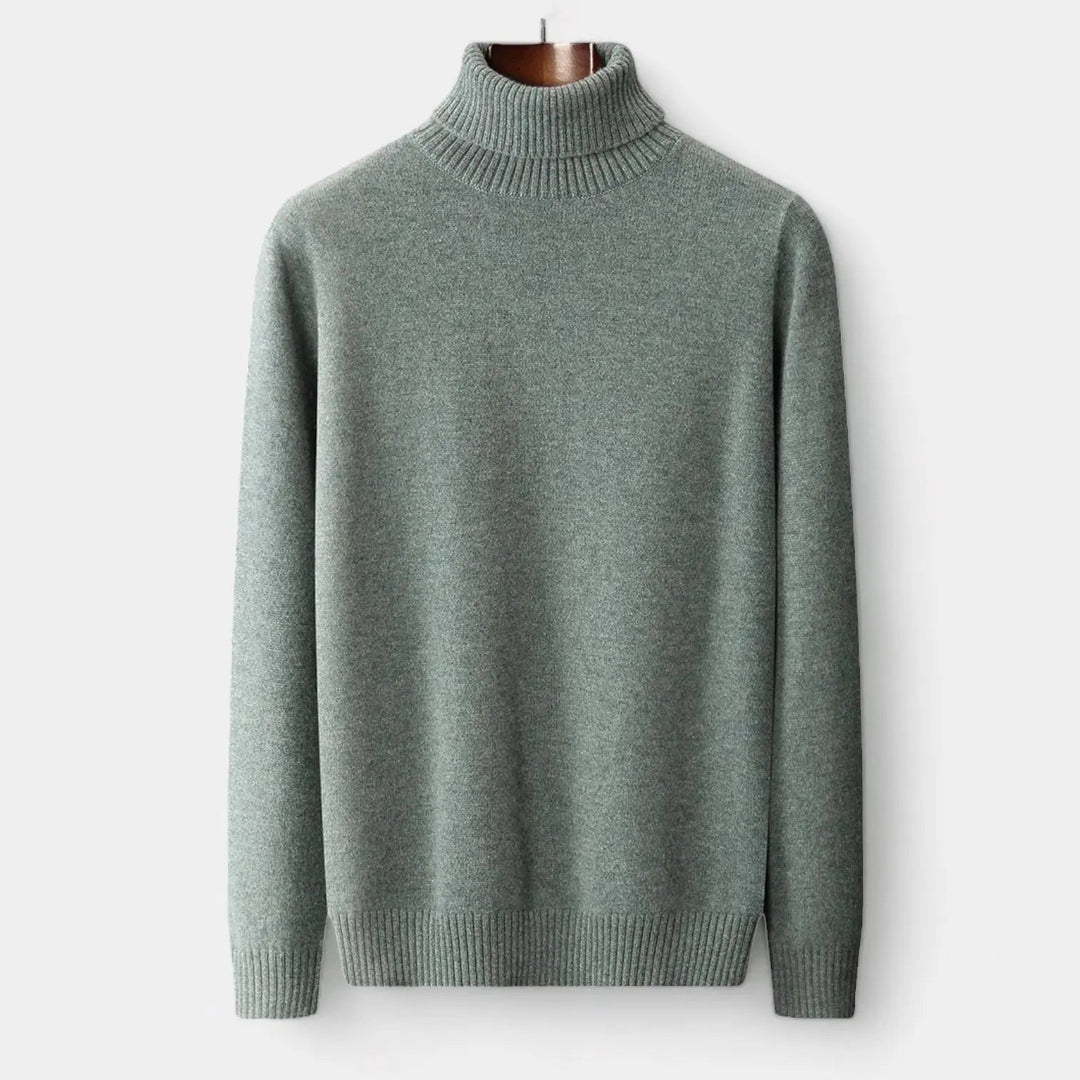 Groengrijze coltrui met geribbelde kraag en boorden, voorzijde op een houten kledinghanger getoond 1