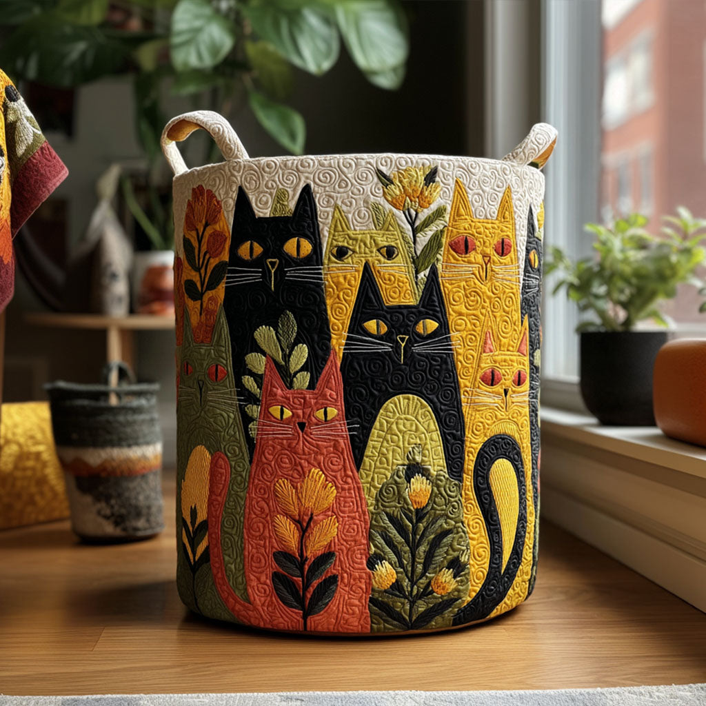 Ronde gewatteerde mand met kleurrijke kattenprint en twee stoffen handgrepen, staand op een houten vloer bij een raam met planten. 1