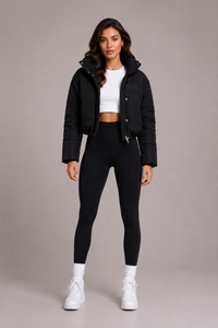 Model toont de zwarte korte pufferjas van voren, half dichtgeritst, gecombineerd met wit crop topje, zwarte legging en witte sneakers. 2