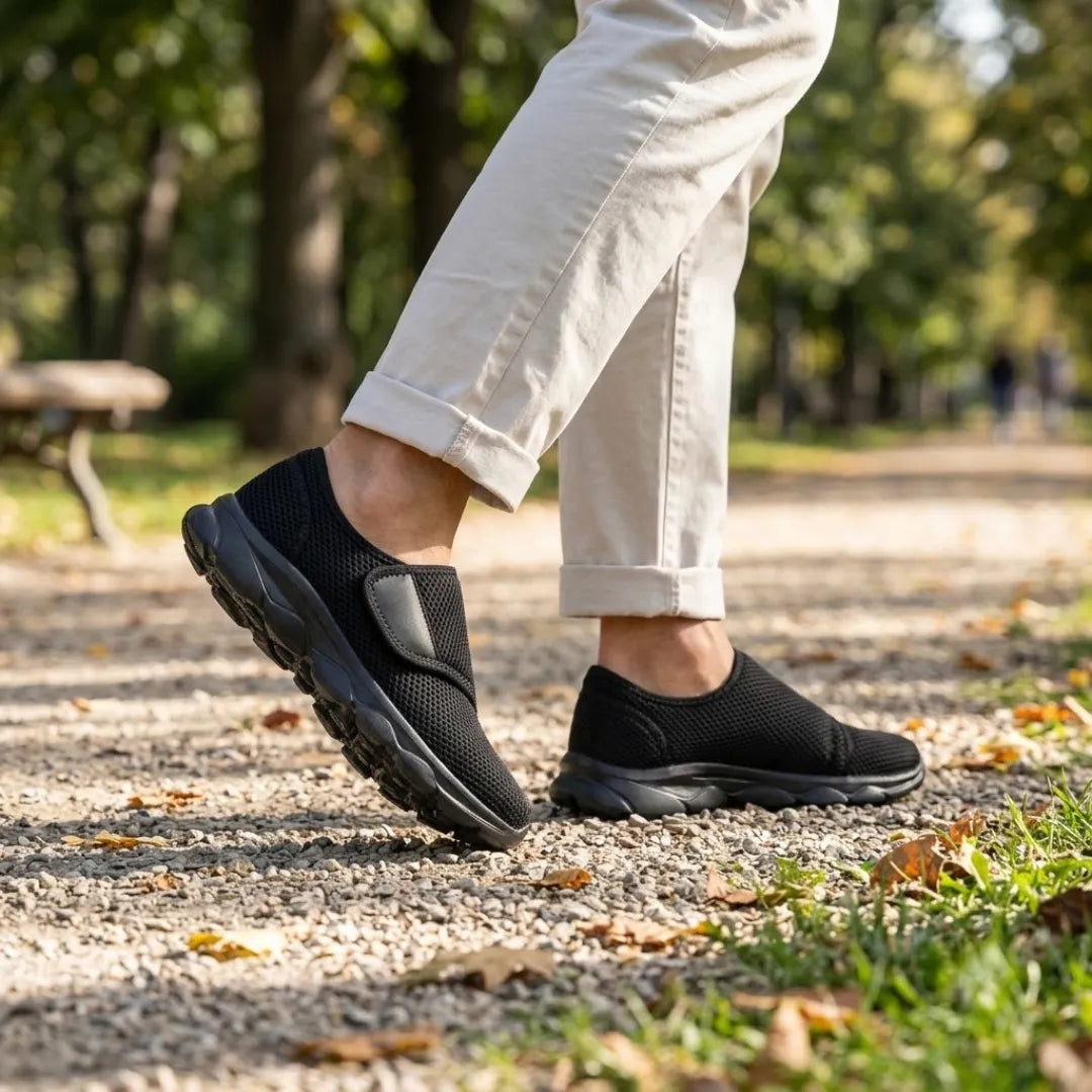 Zwarte mesh schoenen met klittenband gedragen op een grindpad in het park, met beige broek en herfstbladeren. 11