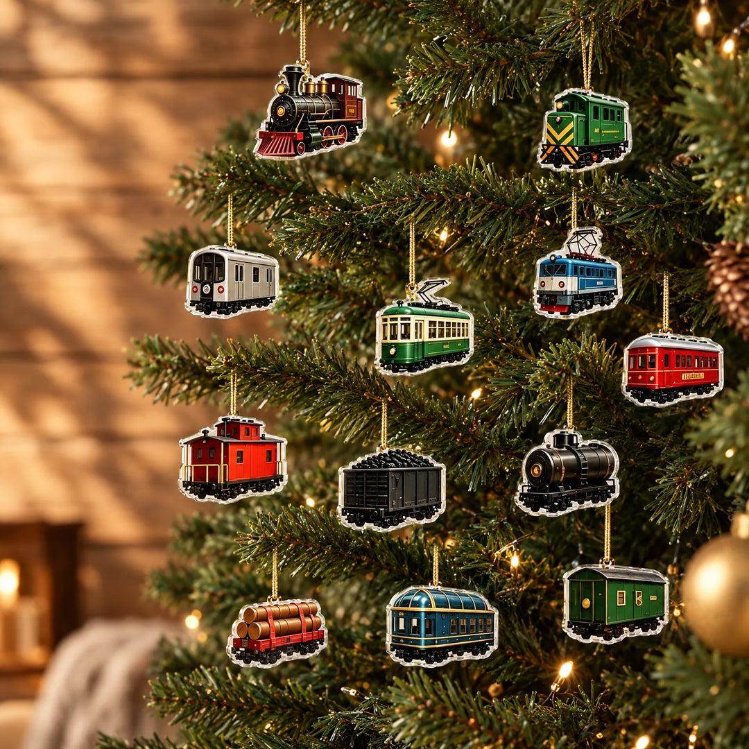 Twaalf hangertjes in de vorm van treinen en wagons, in verschillende kleuren, hangen aan gouden draadjes in een verlichte kerstboom. 1