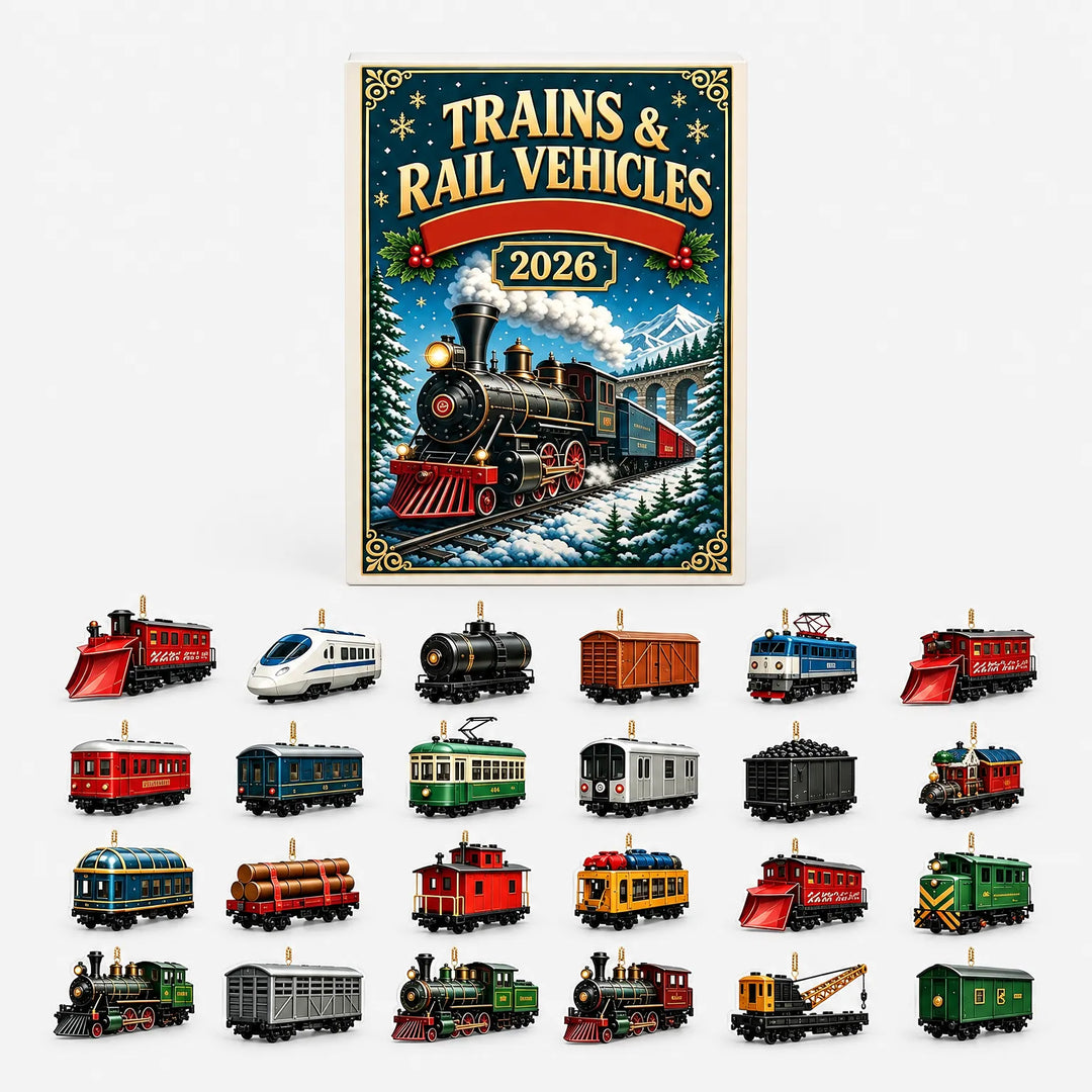Doos van de adventskalender met een stoomlocomotief in een winters landschap, met daaronder alle vierentwintig treinhangers netjes uitgestald. 2