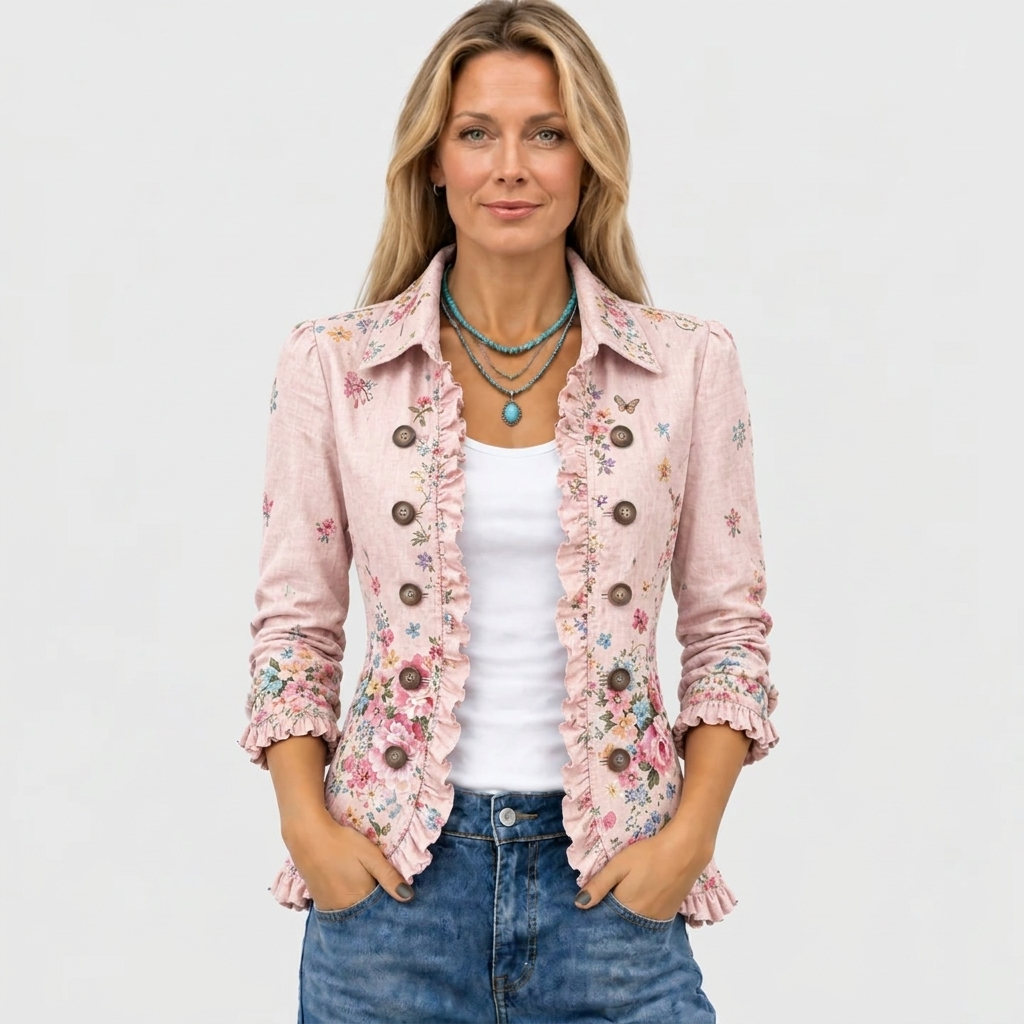 Vrouw draagt het roze bloemenjasje open van voren met een wit topje, turquoise kettingen en jeans, frontaal gezien. 2