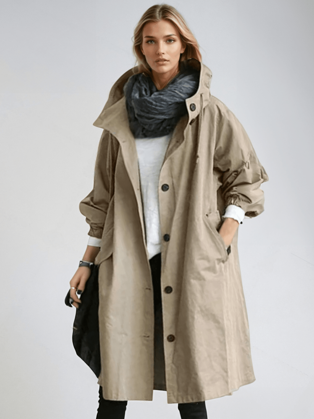 Model draagt de beige trenchcoat met opstaande kraag en knoopsluiting over een wit shirt, met donkere sjaal om de nek. 3
