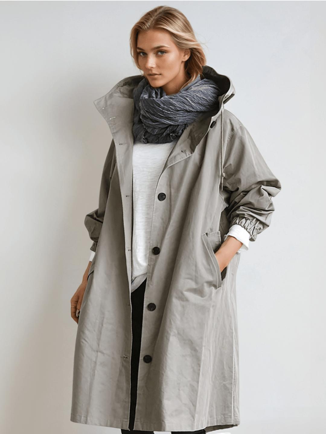 Model draagt de grijze trenchcoat met capuchon open over een wit shirt en donkere sjaal, met een hand in de zak. 1