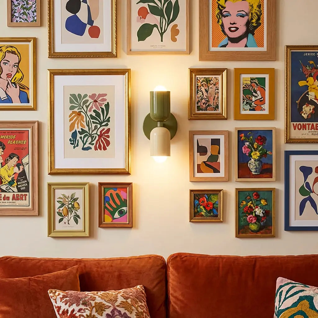 Brandende olijfgroene en crème wandlamp midden tussen een wand vol ingelijste posters, boven een oranje fluwelen bank met kussens. 6
